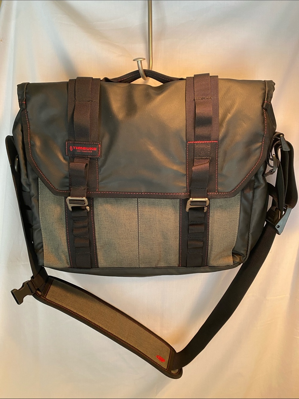 Timbuk2 Olive Green and Black Messenger Bag with Red Stitching